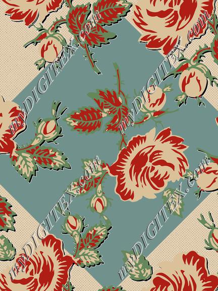 Roses Block Print Dots Retro 30's Teal Diamond Black Shadow Red Tan Green Gold