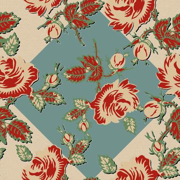 Roses Block Print Dots Retro 30's Teal Diamond Black Shadow Red Tan Green Gold