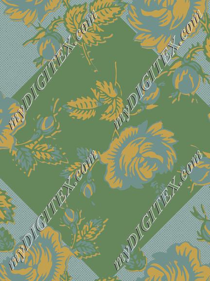 Roses Block Print Dots Retro 30's Teal Gold Green