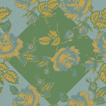 Roses Block Print Dots Retro 30's Teal Gold Green