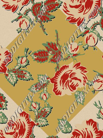 Roses Block Print Dots Retro 30's Yellow Diamond Black Shadow Red Tan Green Gold