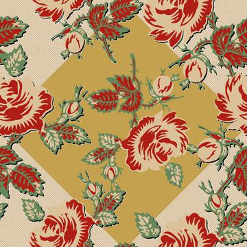 Roses Block Print Dots Retro 30's Yellow Diamond Black Shadow Red Tan Green Gold