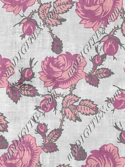 Roses Block Print Dots Retro 50's Raspberry Red Pink Black