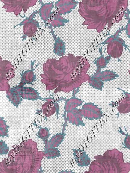 Roses Block Print Dots Retro 50's Raspberry Red Pink Teal