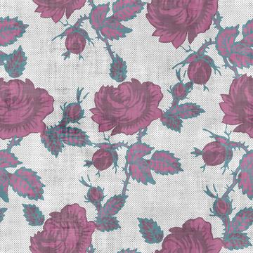 Roses Block Print Dots Retro 50's Raspberry Red Pink Teal