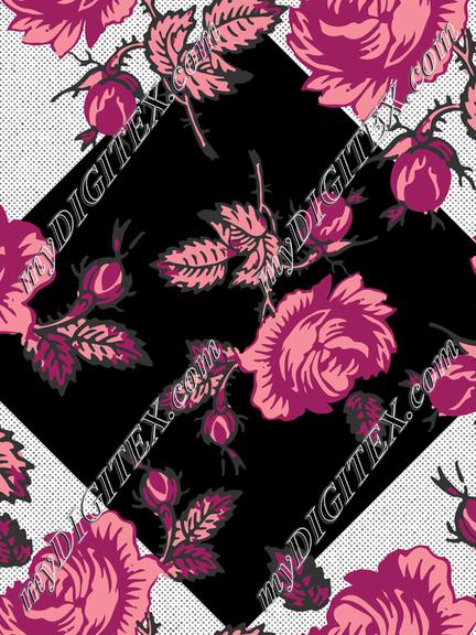 Roses Block Print Retro 50's Raspberry Red Pink Black