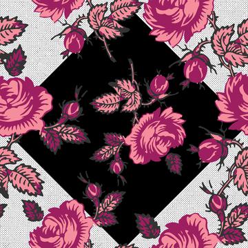 Roses Block Print Retro 50's Raspberry Red Pink Black