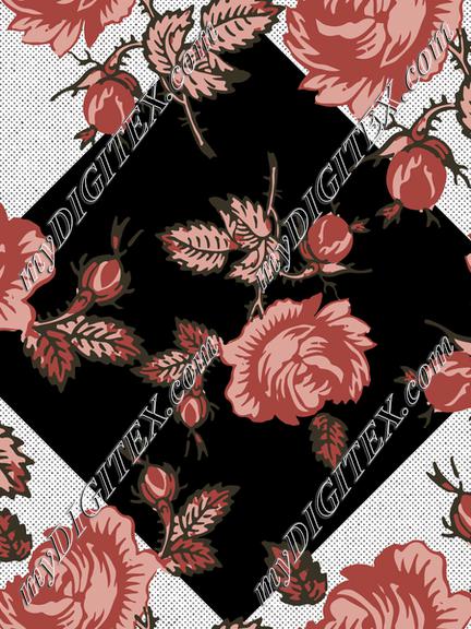 Roses Block Print Retro 50's Red Pink Black