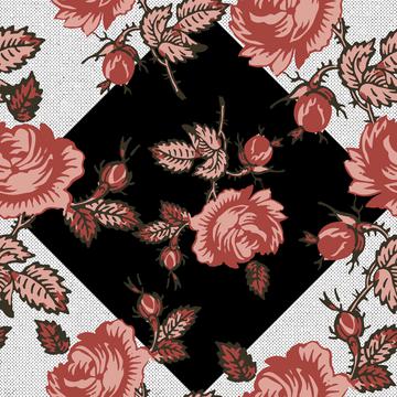 Roses Block Print Retro 50's Red Pink Black