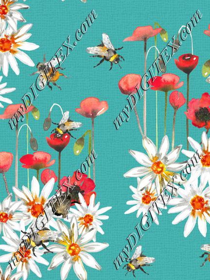 Bumblebees, poppys and daisys space -Turquise