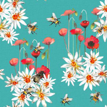 Bumblebees, poppys and daisys space -Turquise