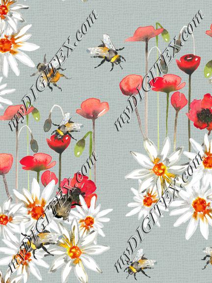 Bumblebees, poppys and daisys space -Dust Blue Grey