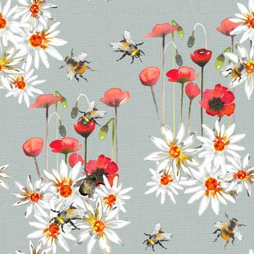 Bumblebees, poppys and daisys space -Dust Blue Grey