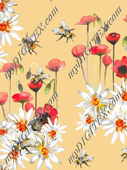 Bumblebees, poppys and daisys space-Light yellow