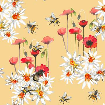 Bumblebees, poppys and daisys space-Light yellow