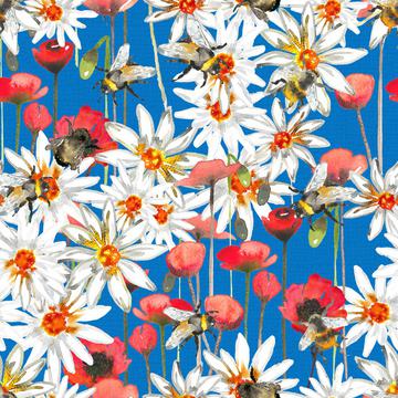 Bumblebees, poppys and daisys-Azur Blue