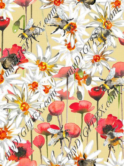 Bumblebees, poppys and daisys-Light yellow