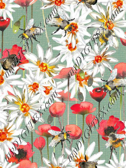 Bumblebees, poppys and daisys -Dust Green