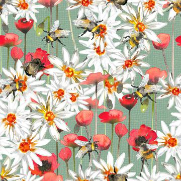 Bumblebees, poppys and daisys -Dust Green