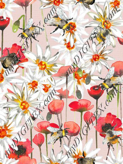 Bumblebees, poppys and daisys -Dust pink