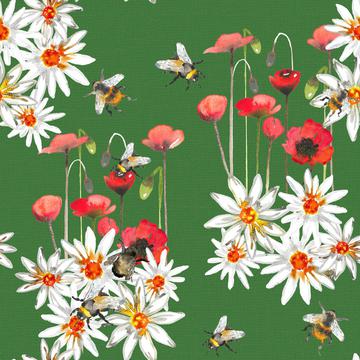 Bumblebees, poppys and daisys space-Green