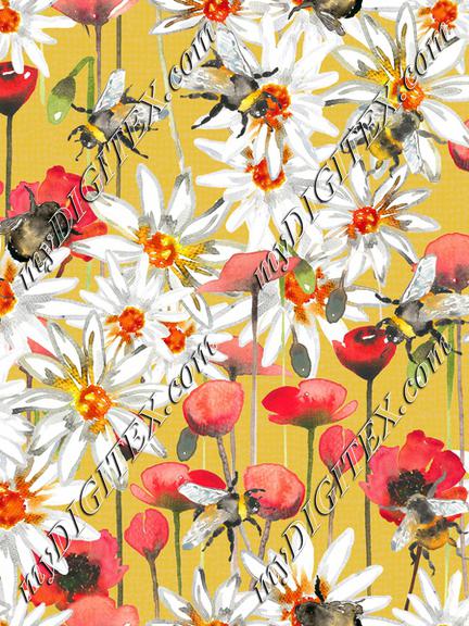 Bumblebees, poppys and daisys -Yellow background