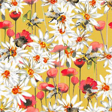 Bumblebees, poppys and daisys -Yellow background