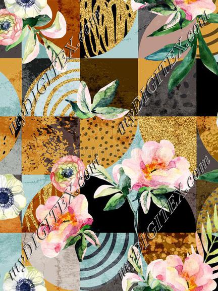modern-seamless-geometric-floral-pattern-watercolor-flowers-leaves-semicircles-circles-squares-grunge-golden-glitter-144354319
