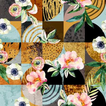 modern-seamless-geometric-floral-pattern-watercolor-flowers-leaves-semicircles-circles-squares-grunge-golden-glitter-144354319