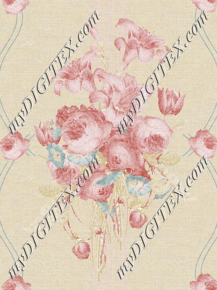 Antique Traditional Floral Stripes Pink Teal Cream Stripe