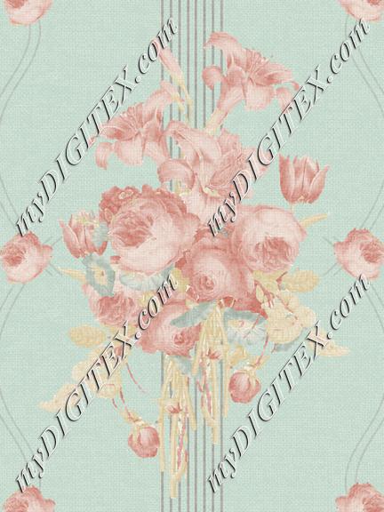 Antique Traditional Floral Stripes Teal Background Pink Teal Cream Stripe