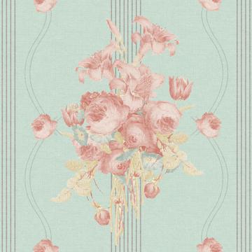 Antique Traditional Floral Stripes Teal Background Pink Teal Cream Stripe