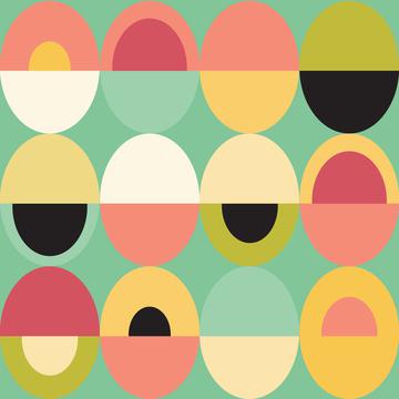 Oval Mid Century Pink Yellow Teal Geometric Black White Gray Background