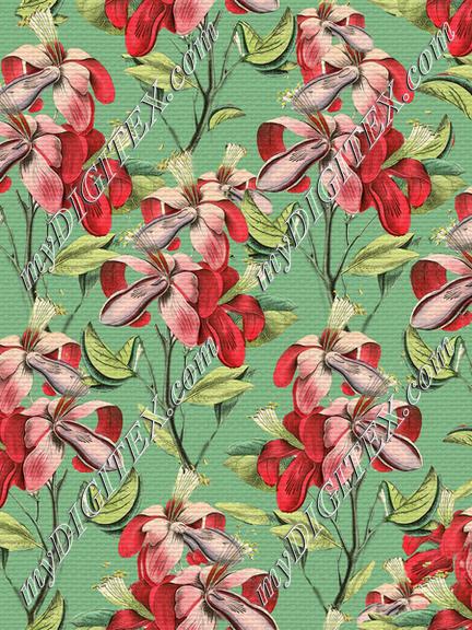 Vintage Red Floral Green Background