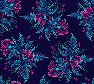 Ferns and Parrot Tulips - Navy Pink