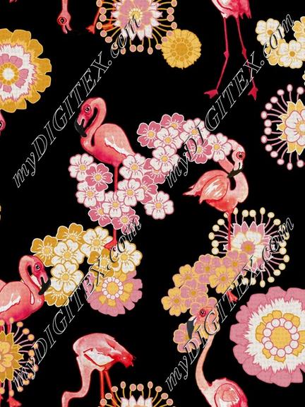 Flamingos and Flowers On black