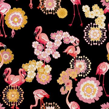 Flamingos and Flowers On black