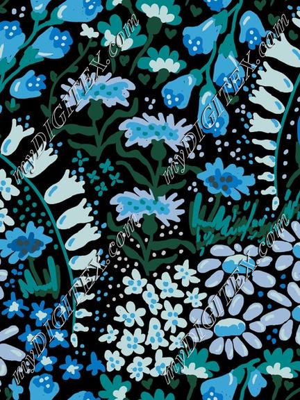 Vintage flower 20s wallpaper - blue and greens on black