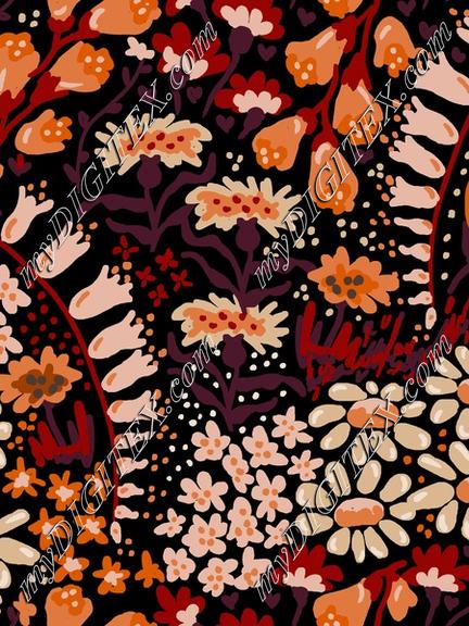 Vintage flower 20s wallpaper - Offwhite and rust on black