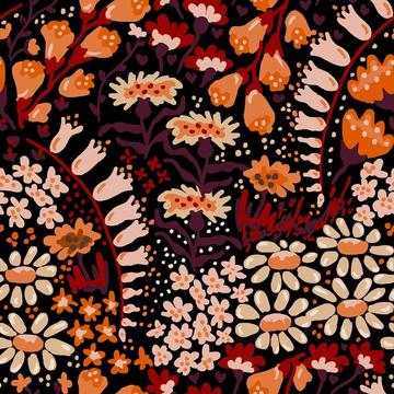 Vintage flower 20s wallpaper - Offwhite and rust on black