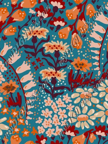 Vintage flower 20s wallpaper - Offwhite and rust on turquise