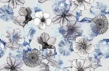 Line drawn gray tones hand drawn Photoreal blue tones floral