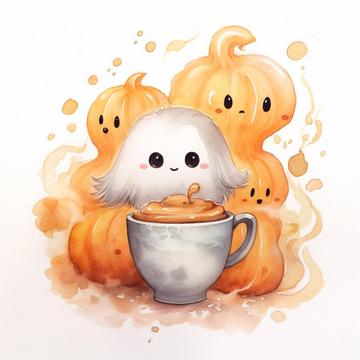 a-watercolor-painting-of-a-white-dog-with-a-cup-of-coffee-in-front-of-pumpkins_447899-17852