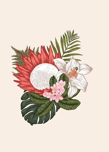 Tropical flower with leaves