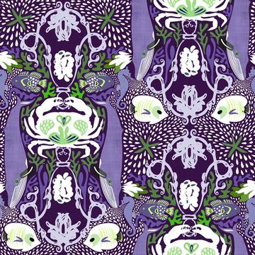 Nautical Purple Ocean Life Crab Fish Whale