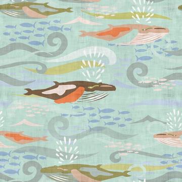 Whales Ocean Fish Texture Greens Peach Blue Calming