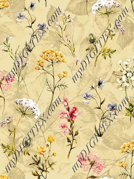 Sunlit Wildflower Botanical Print – Hand-Painted Floral Design for Kurti & Dress Fabric