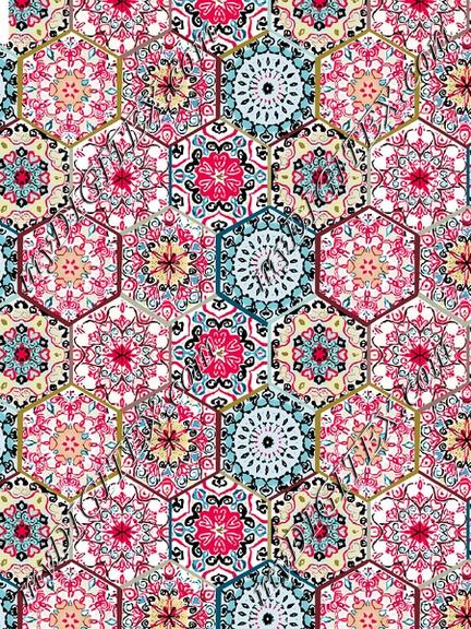 Boho Mandala Hexagon Tile Print – Geometric Allover Design for Kurti, Dress & Upholstery