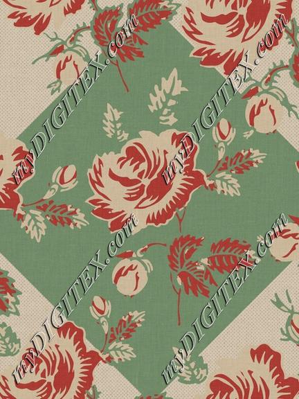 Roses Block Print Dots Retro 30's Green Diamond Black Shadow Red Tan Green Gold_260824_H2RY