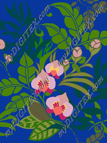 tropical leaves and flowers on royal blue